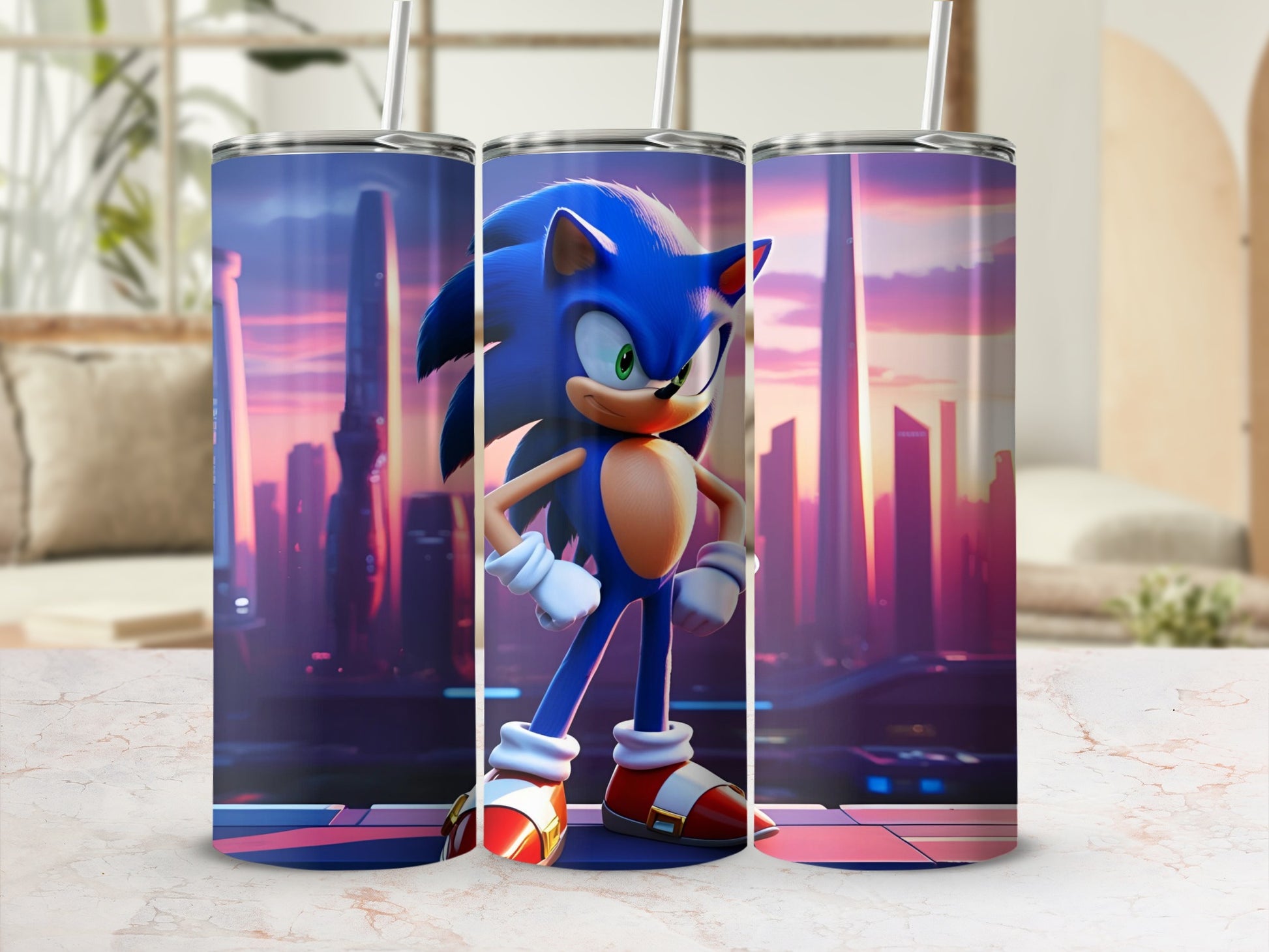 Sonic the Hedgehog character on a cylindrical tumbler against a cityscape background.