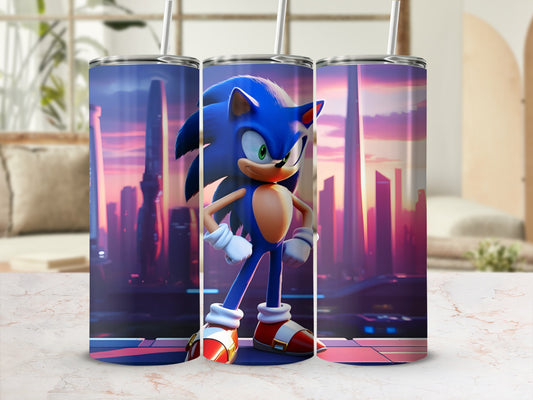 Sonic the Hedgehog character on a cylindrical tumbler against a cityscape background.