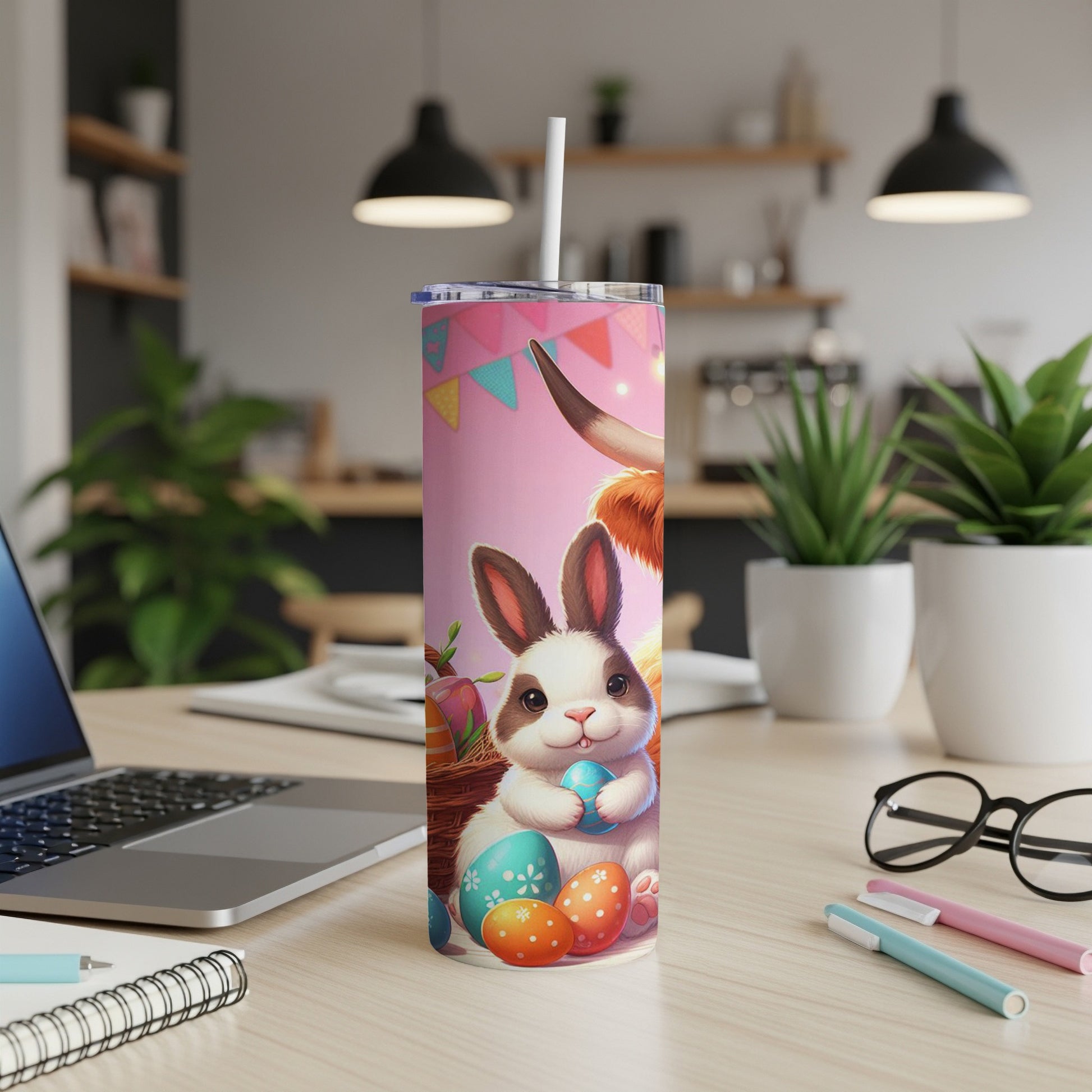 Easter bunny with colorful eggs on pink tumbler with straw.