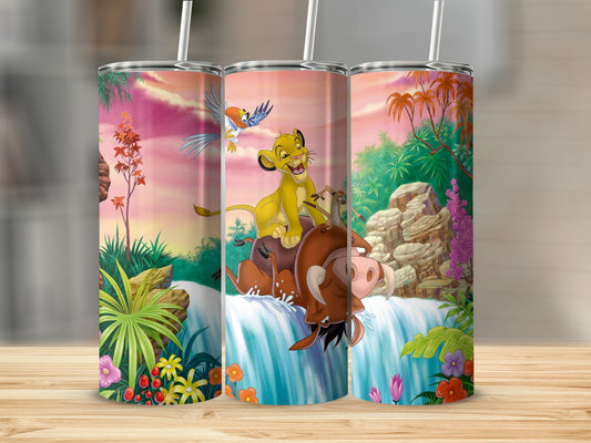 The Lion King characters Simba and Pumbaa slide down a waterfall.