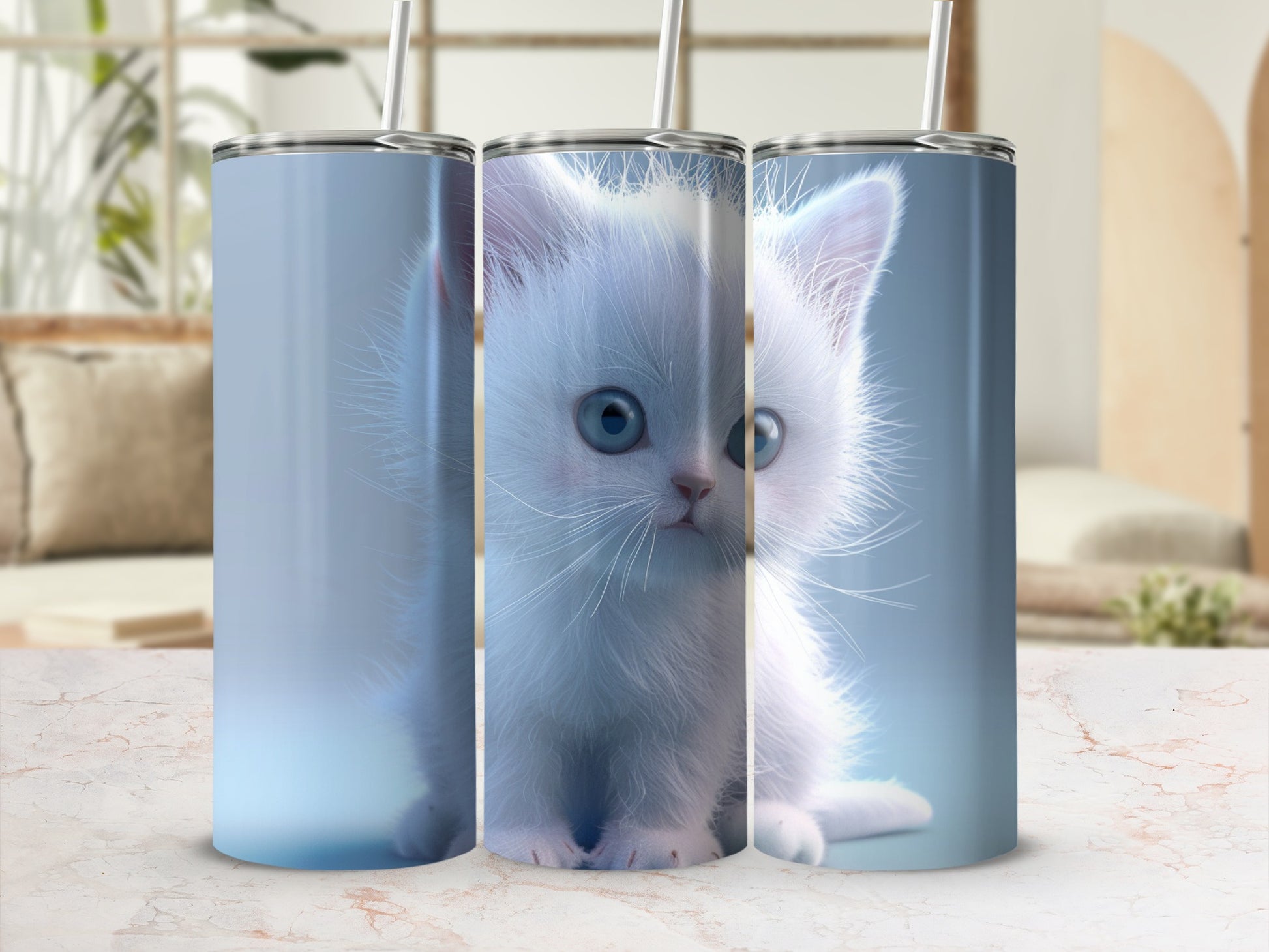 Fluffy white kitten with blue eyes on a light blue tumbler.