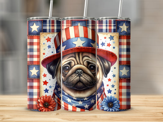 Pug wearing a patriotic hat and scarf, surrounded by stars and plaid.
