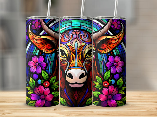 Stained glass bull with colorful flowers design on three tumblers.