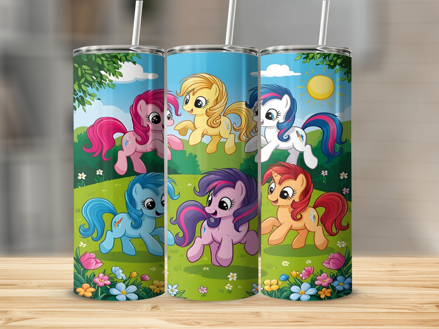 My Little Pony characters on a green, floral background with a blue sky.
