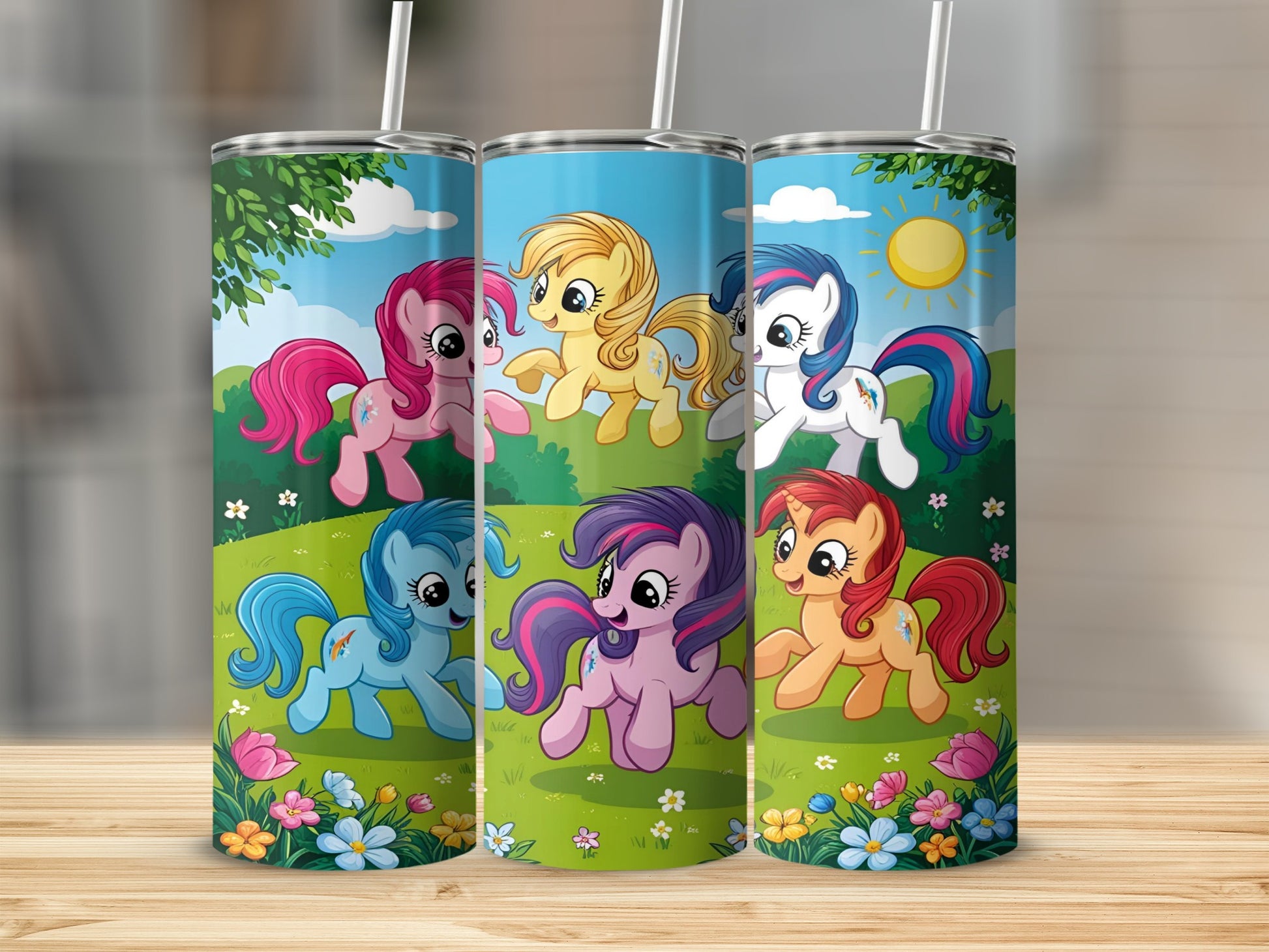 My Little Pony characters on a green, floral background with a blue sky.