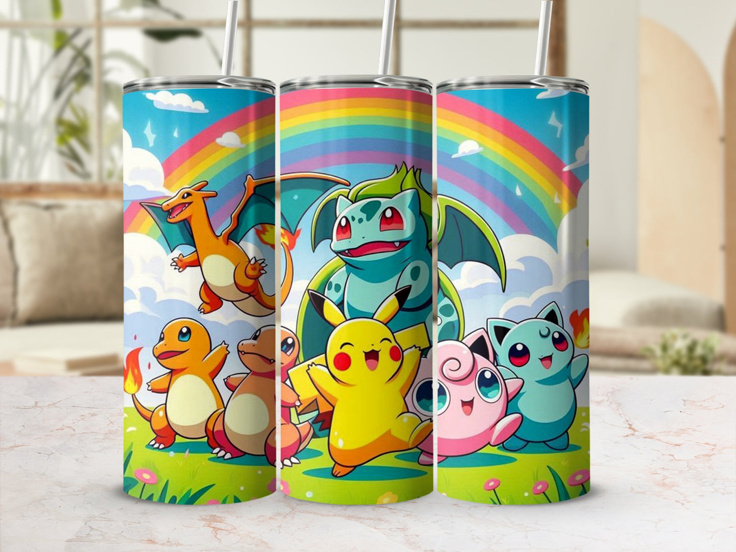 Vibrant Rainbow Themed Cartoon Characters Tumbler Set