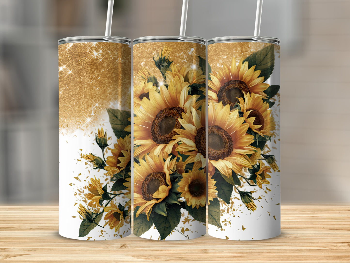 Three tumblers featuring sunflowers and gold glitter designs.
