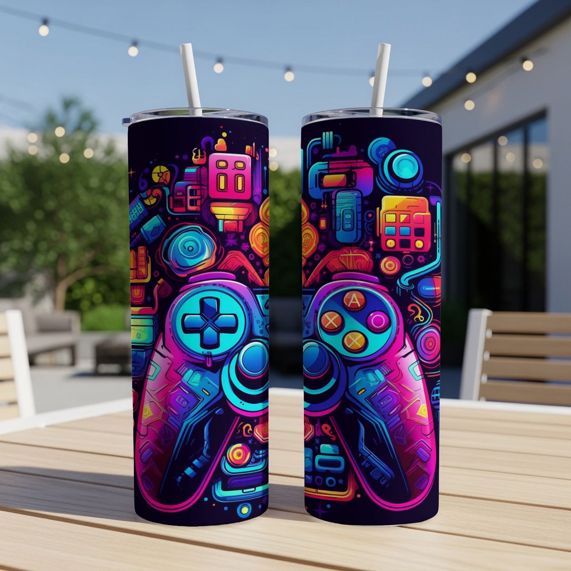 Two tumblers with neon cyberpunk video game controller art and straws.
