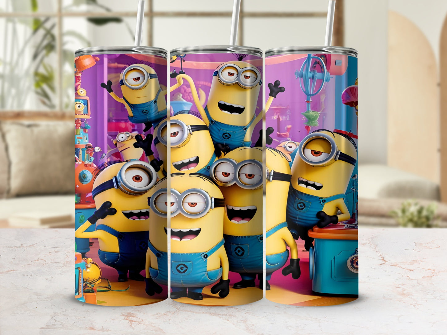 Three Minions in denim overalls with straw, cheerful expression.