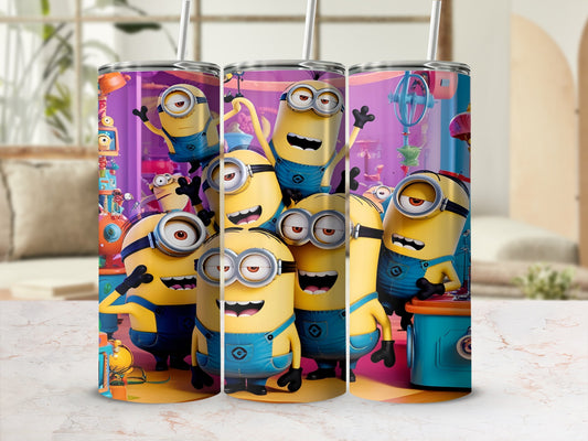 Three Minions in denim overalls with straw, cheerful expression.