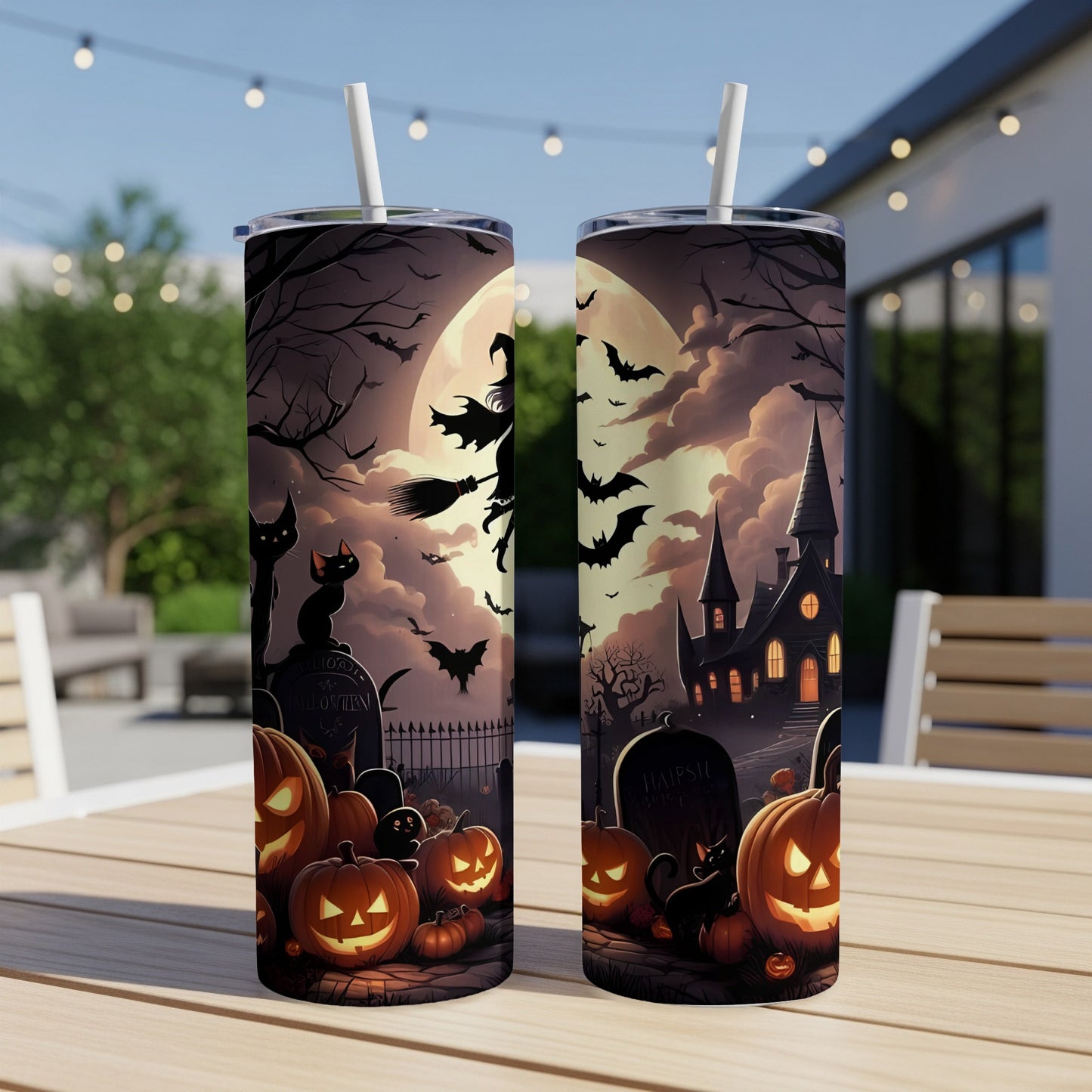 Halloween scene with witch, bats, haunted house, pumpkins, and black cats on tumblers.
