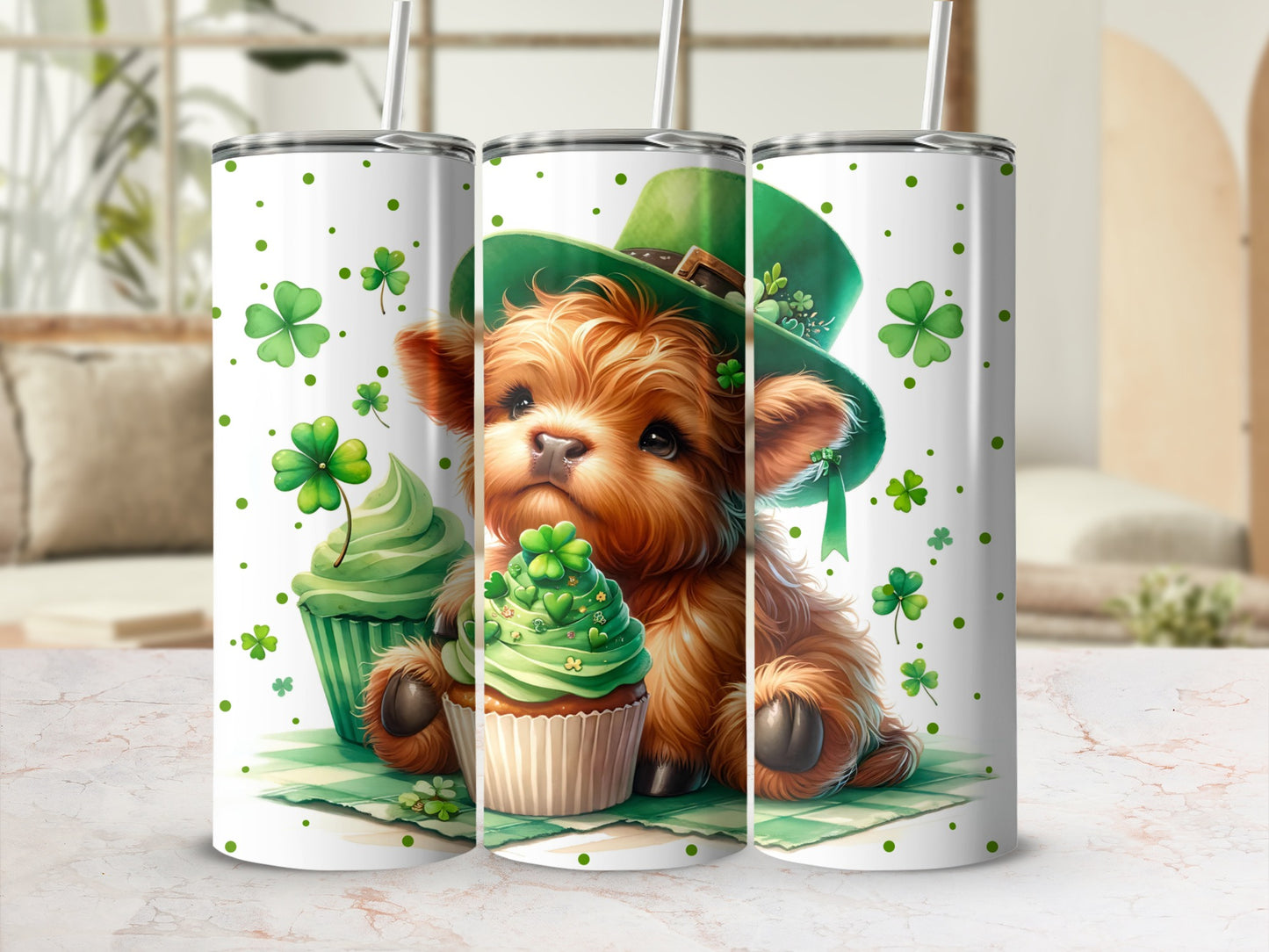 St. Patrick's Day tumbler with a fluffy puppy in a green hat and cupcakes.
