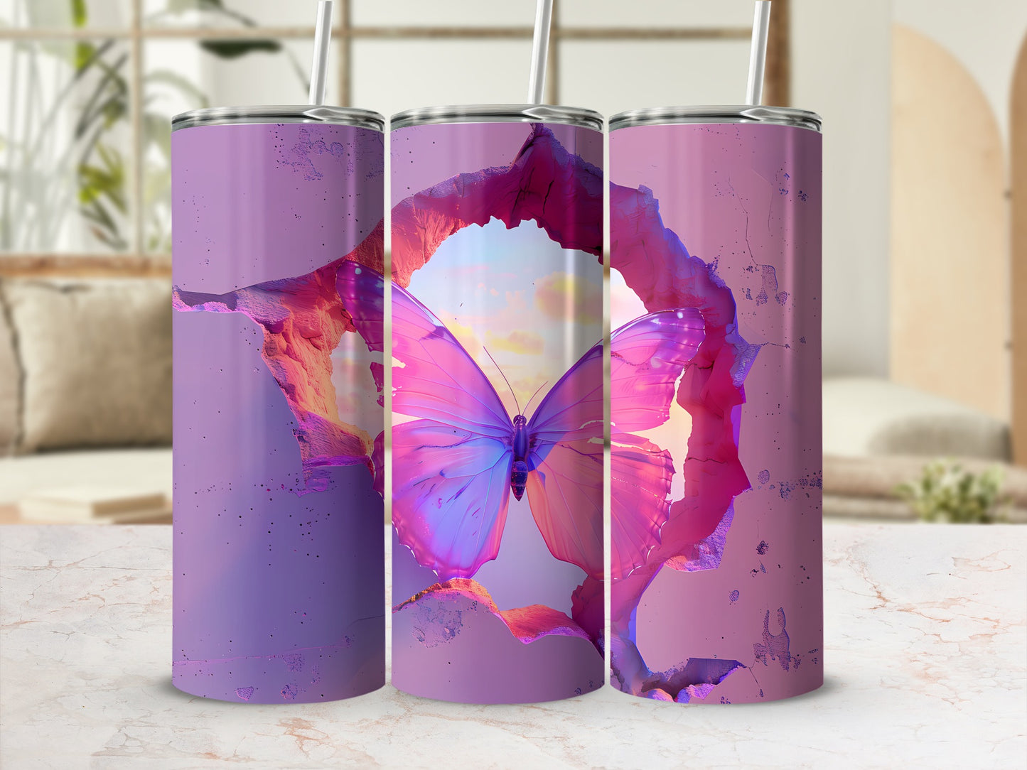 Purple tumbler with a butterfly visible through a cracked opening.