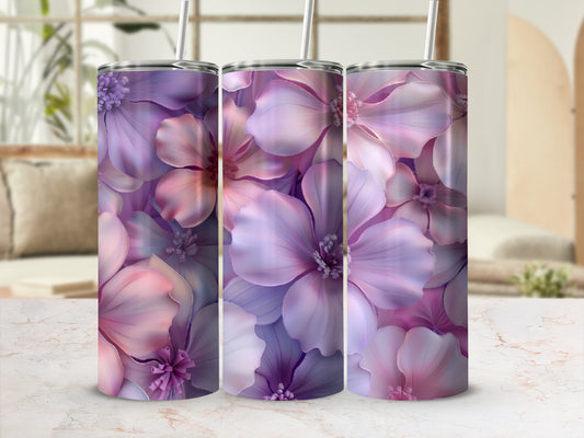 Three tumblers with a floral pattern of purple and pink petals.
