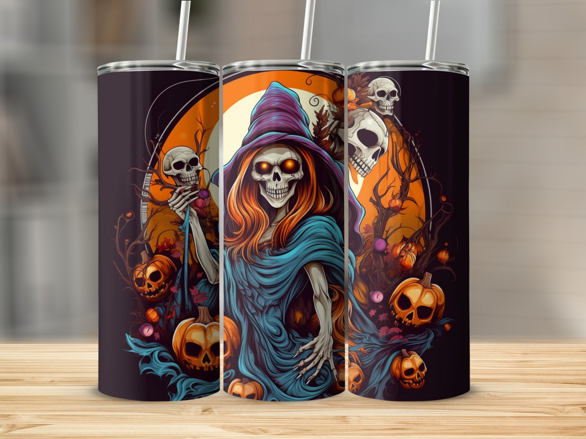 Three tumblers featuring a skeleton witch with glowing eyes and pumpkins.