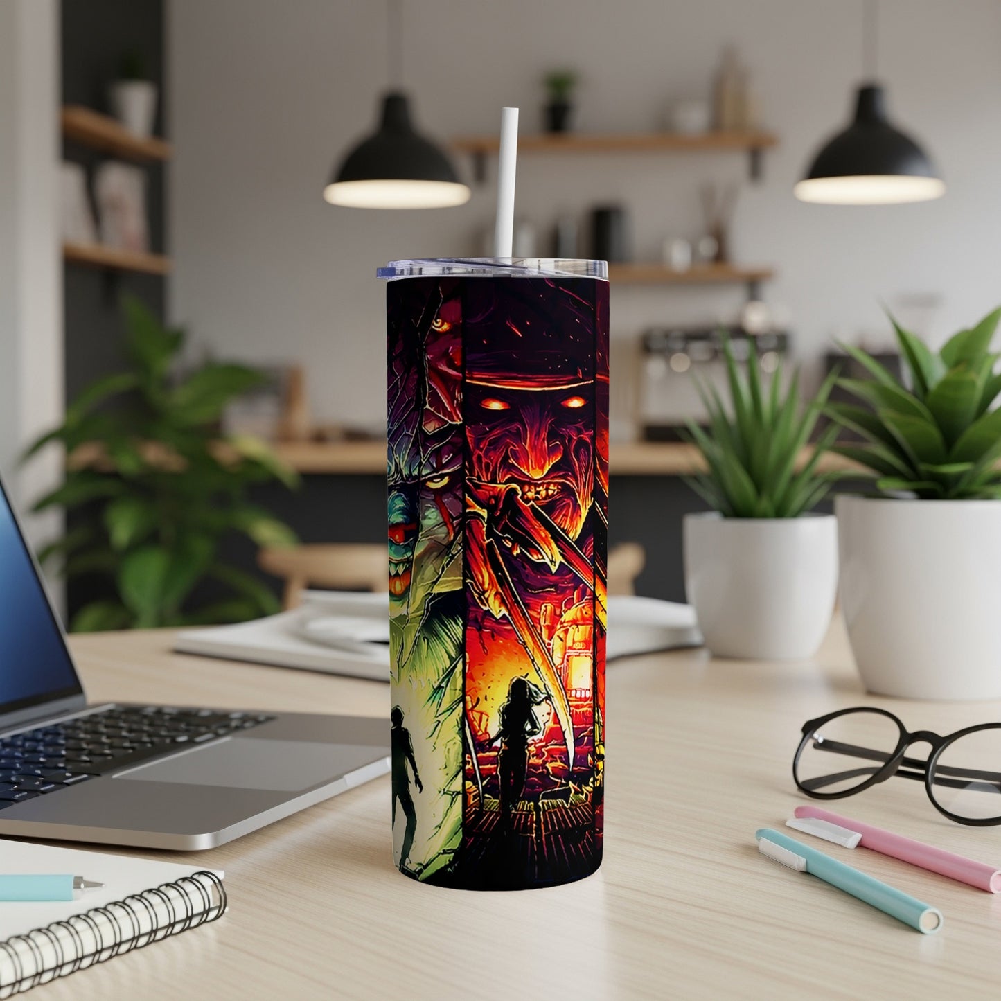 Tumbler with horror movie characters, including Freddy Krueger and a wolf-like monster.