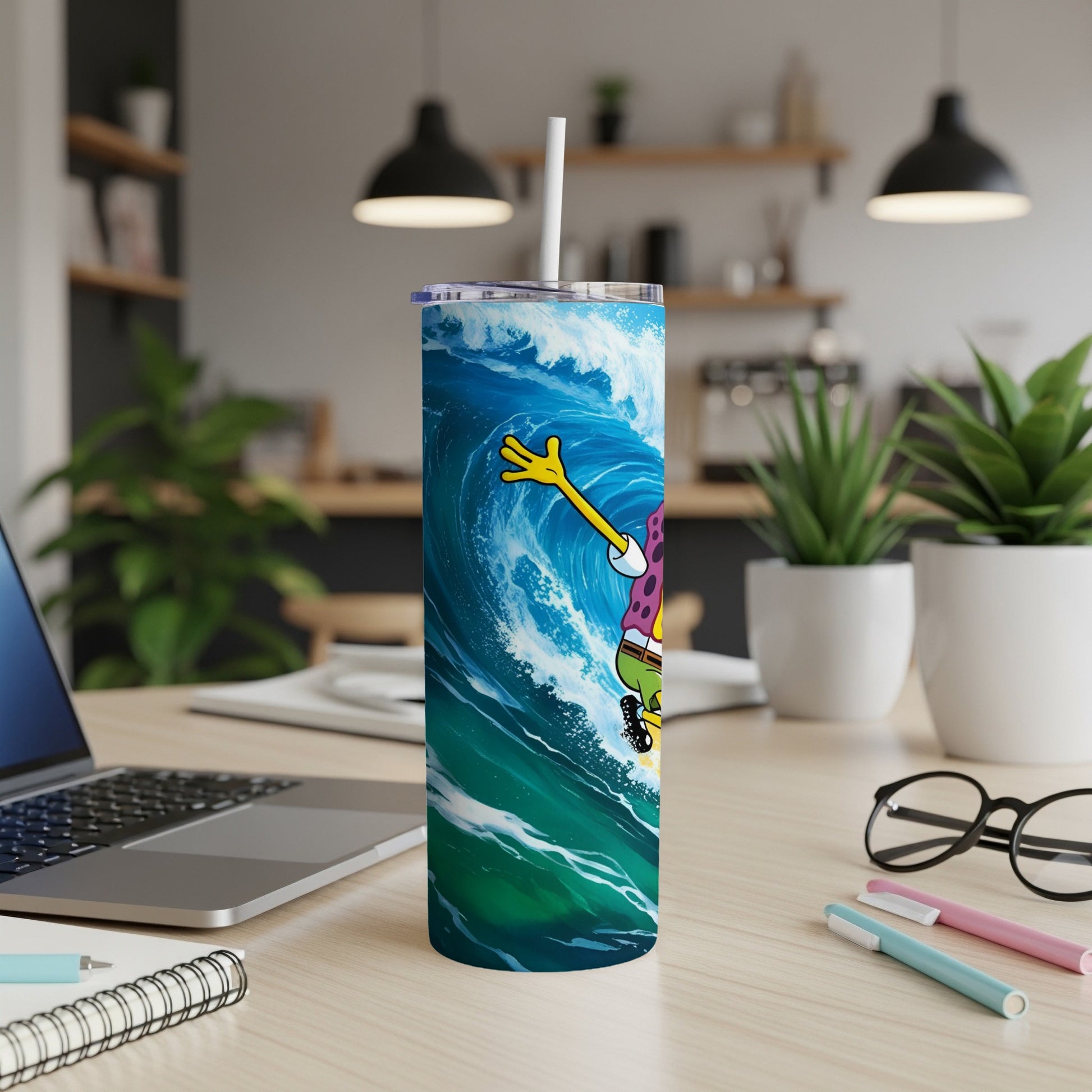 SpongeBob SquarePants surfing a cartoon wave on a tumbler.