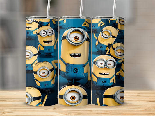 Three Minions tumblers displayed on a wooden surface, featuring various Minion characters.