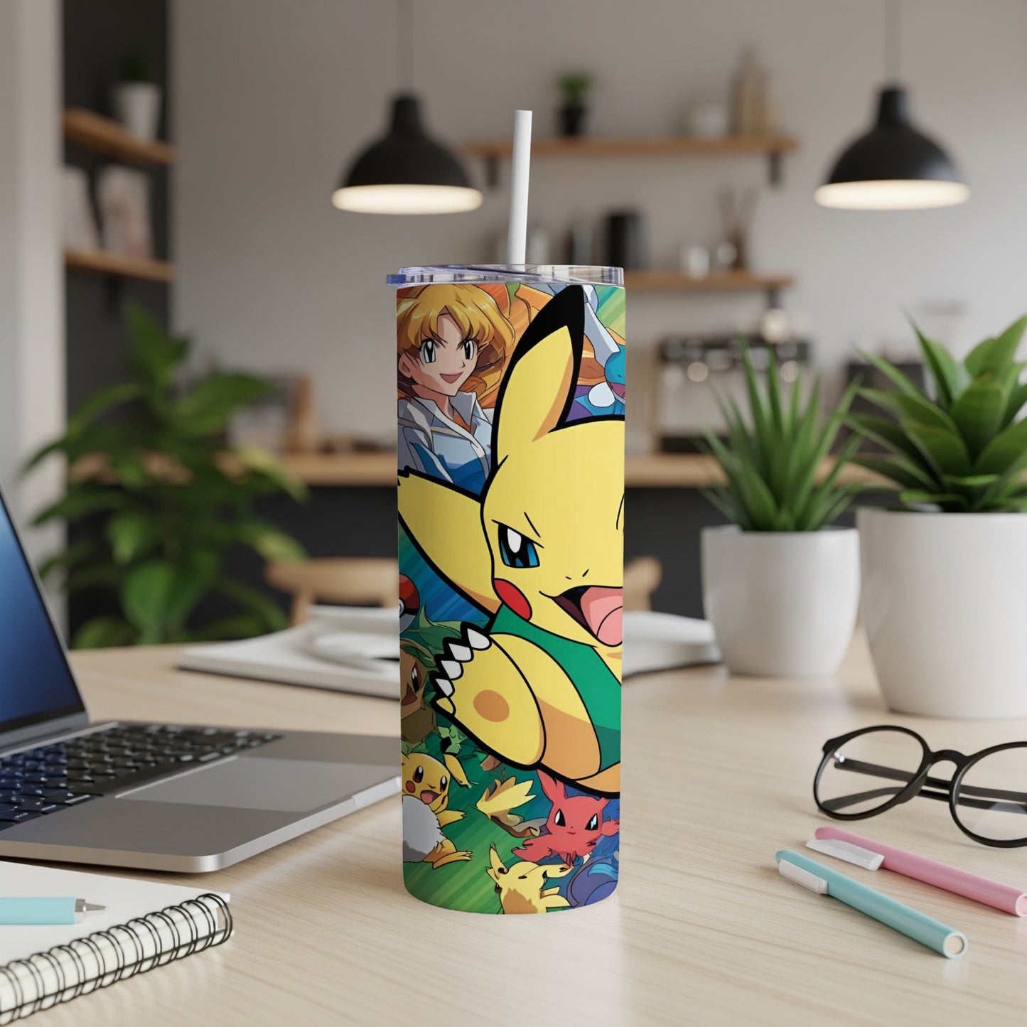 Pikachu and other Pokémon characters featured on a tumbler with a straw.