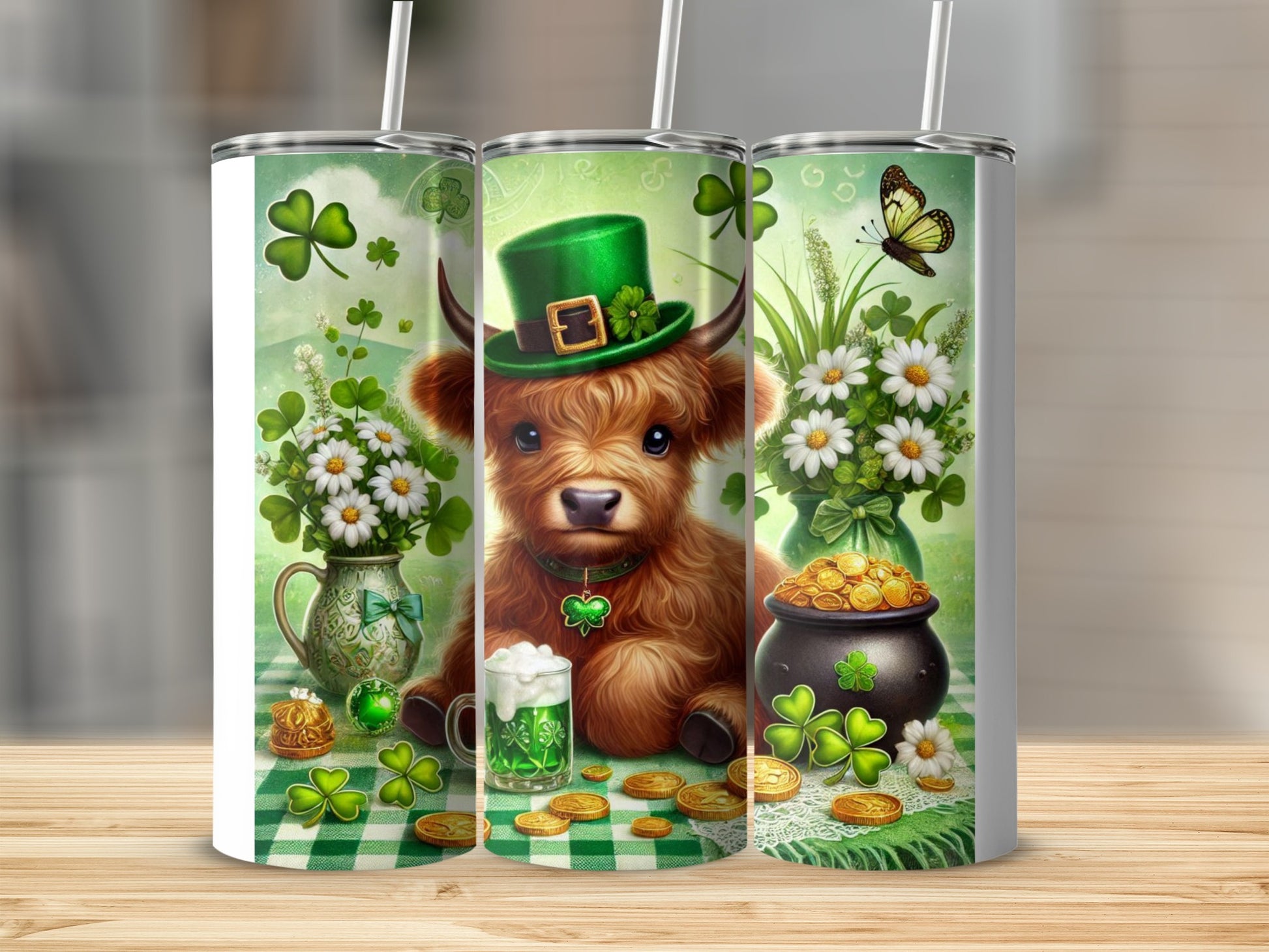 Highland cow in a green hat, St. Patrick's Day theme, with shamrocks and daisies.