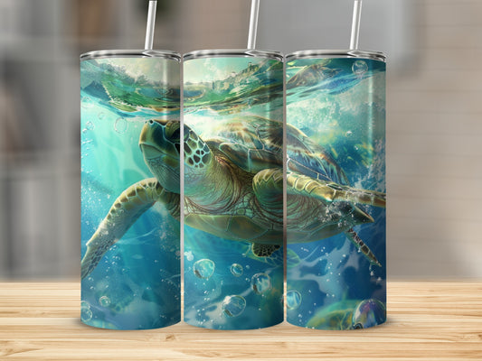 Sea turtle swimming underwater with bubbles and sunlight, on a tumbler.