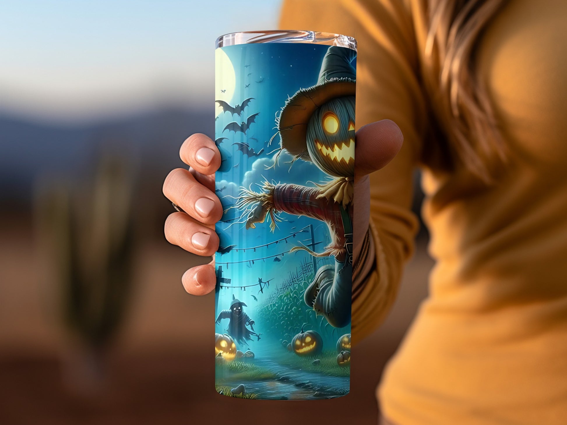 Spooky Scarecrow and Pumpkins Halloween Tumbler Cup