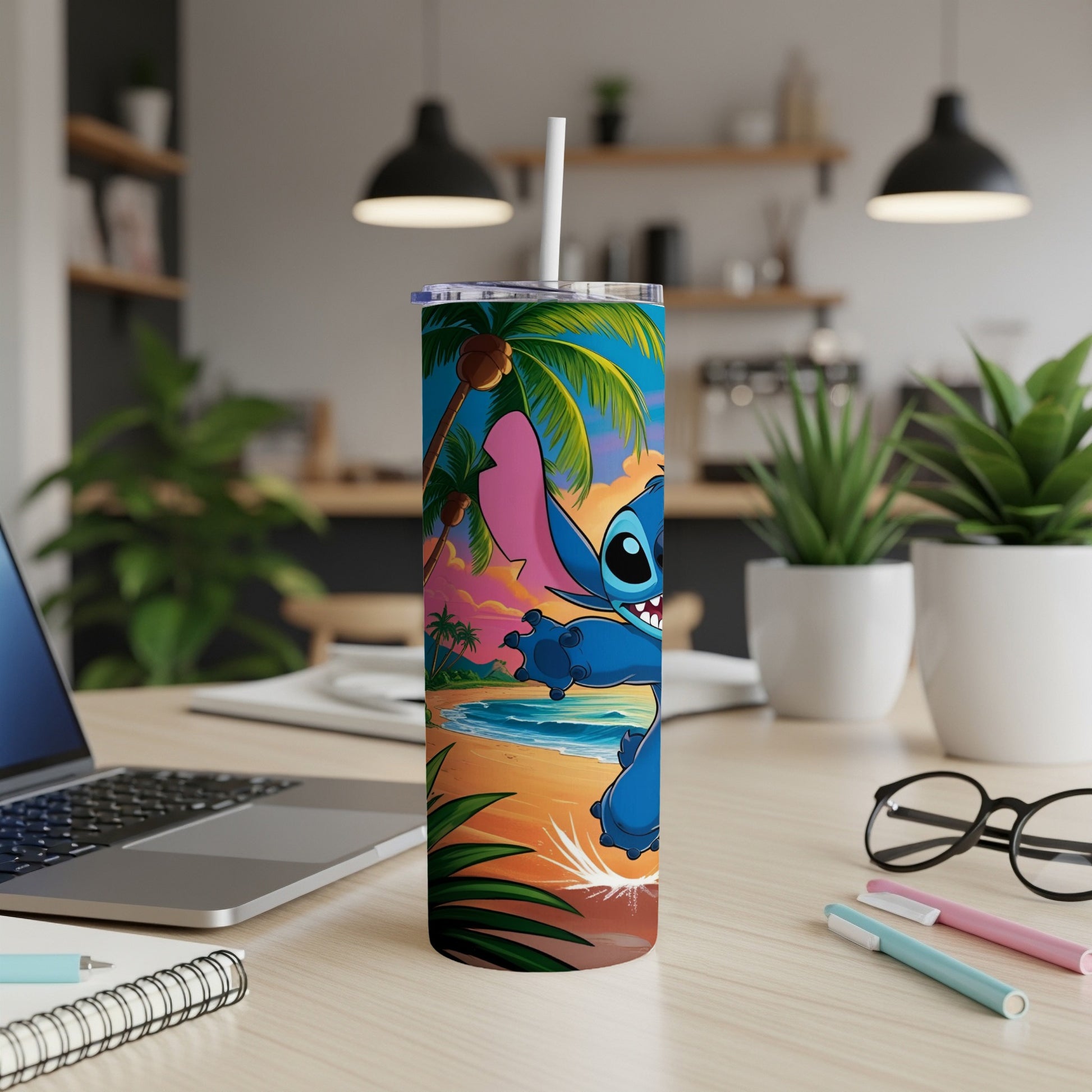 Stitch character on a beach with palm trees, on a tall tumbler.