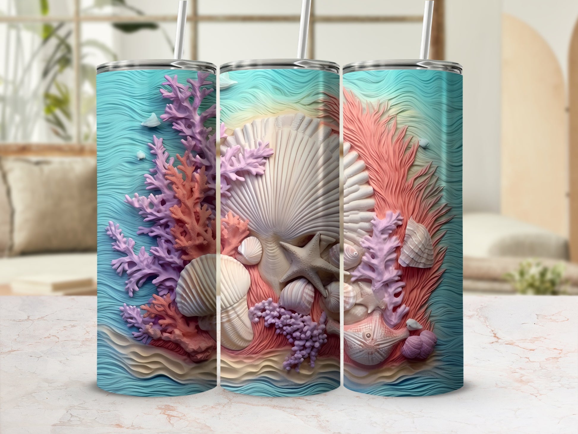 Ocean-themed tumbler with coral, shells, and starfish on a turquoise background.