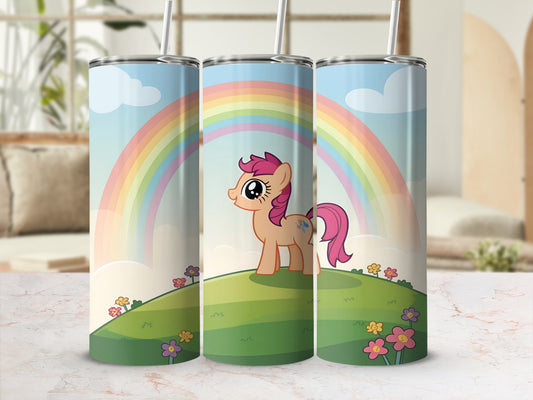 Pink pony on grassy hill with rainbow and flowers, on a tumbler.