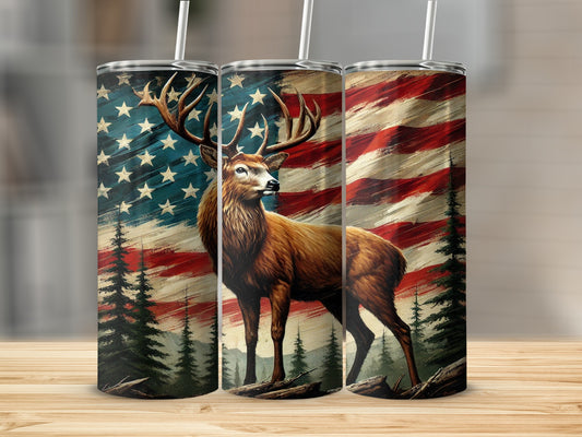 Majestic Deer with American Flag Tumbler Design