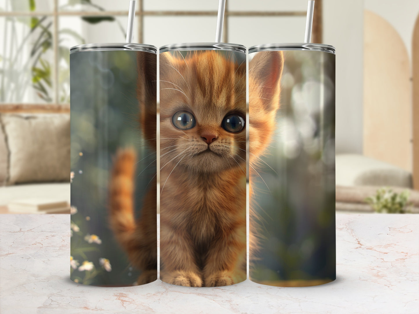 Orange tabby kitten with large blue eyes on a tumbler cup.