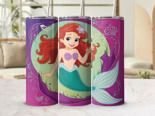 Mermaid with red hair and teal tail, wearing a seashell bra, on a purple and pink background.