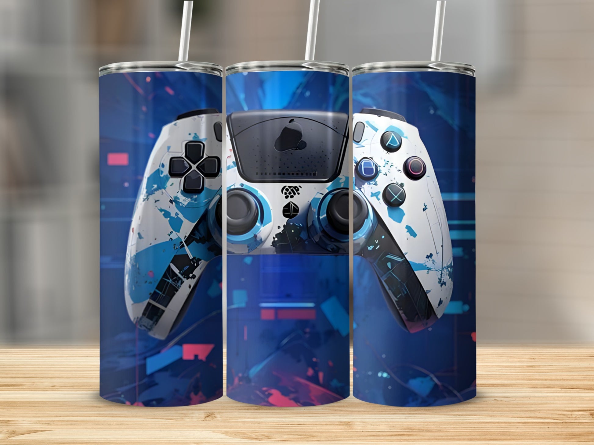 Gaming controller with blue and white splatter design on a tumbler.