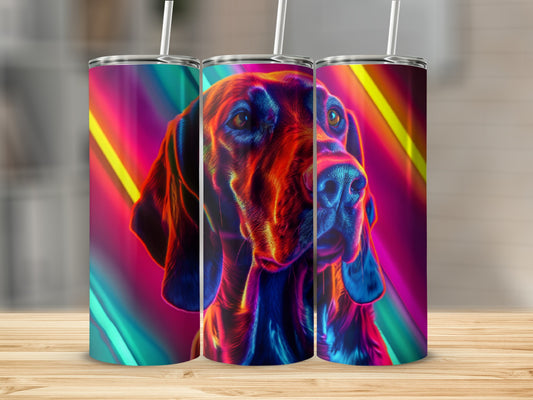 Three tumblers with a vibrant, abstract dog portrait against neon stripes.