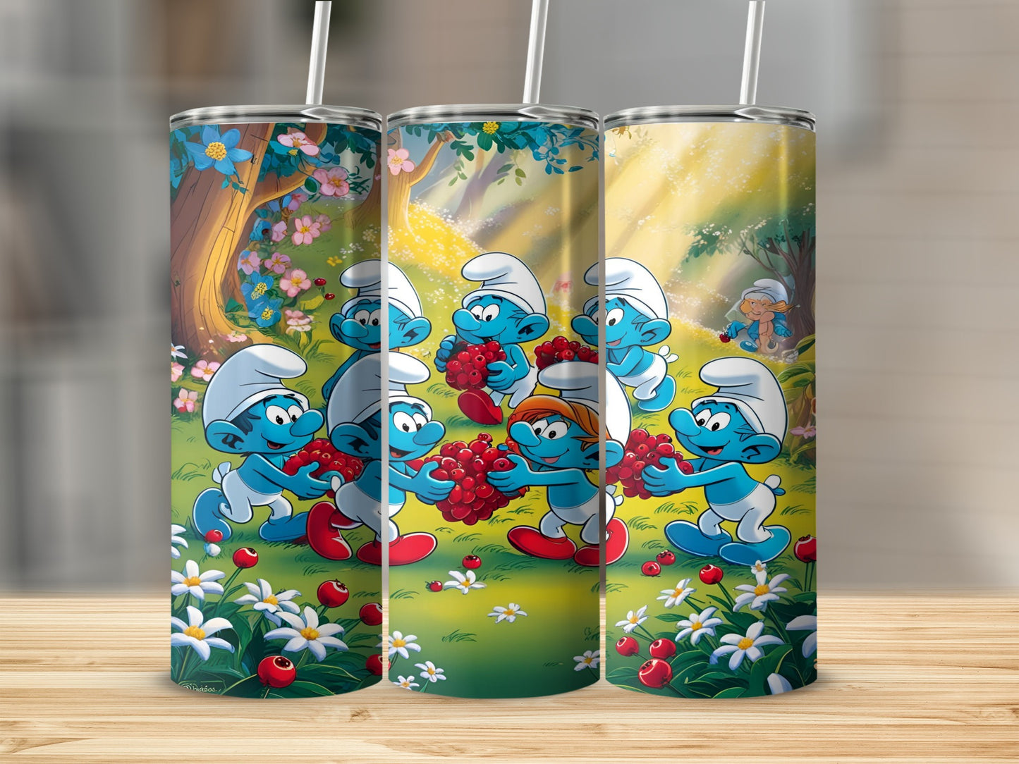 Smurfs picking red berries in a sunny forest clearing.