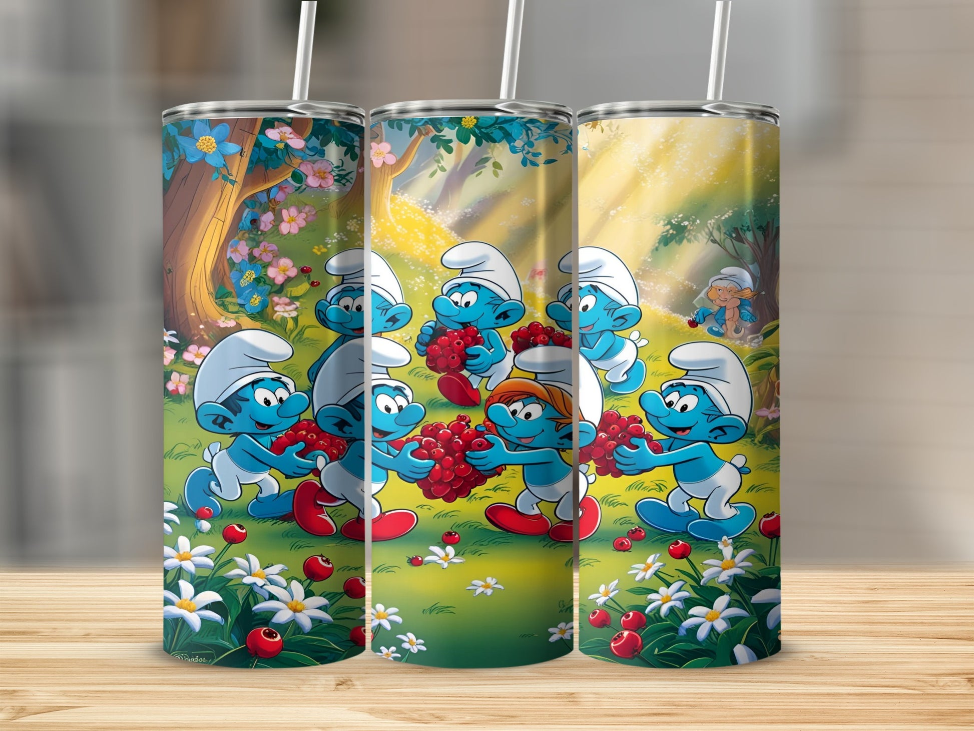 Smurfs picking red berries in a sunny forest clearing.
