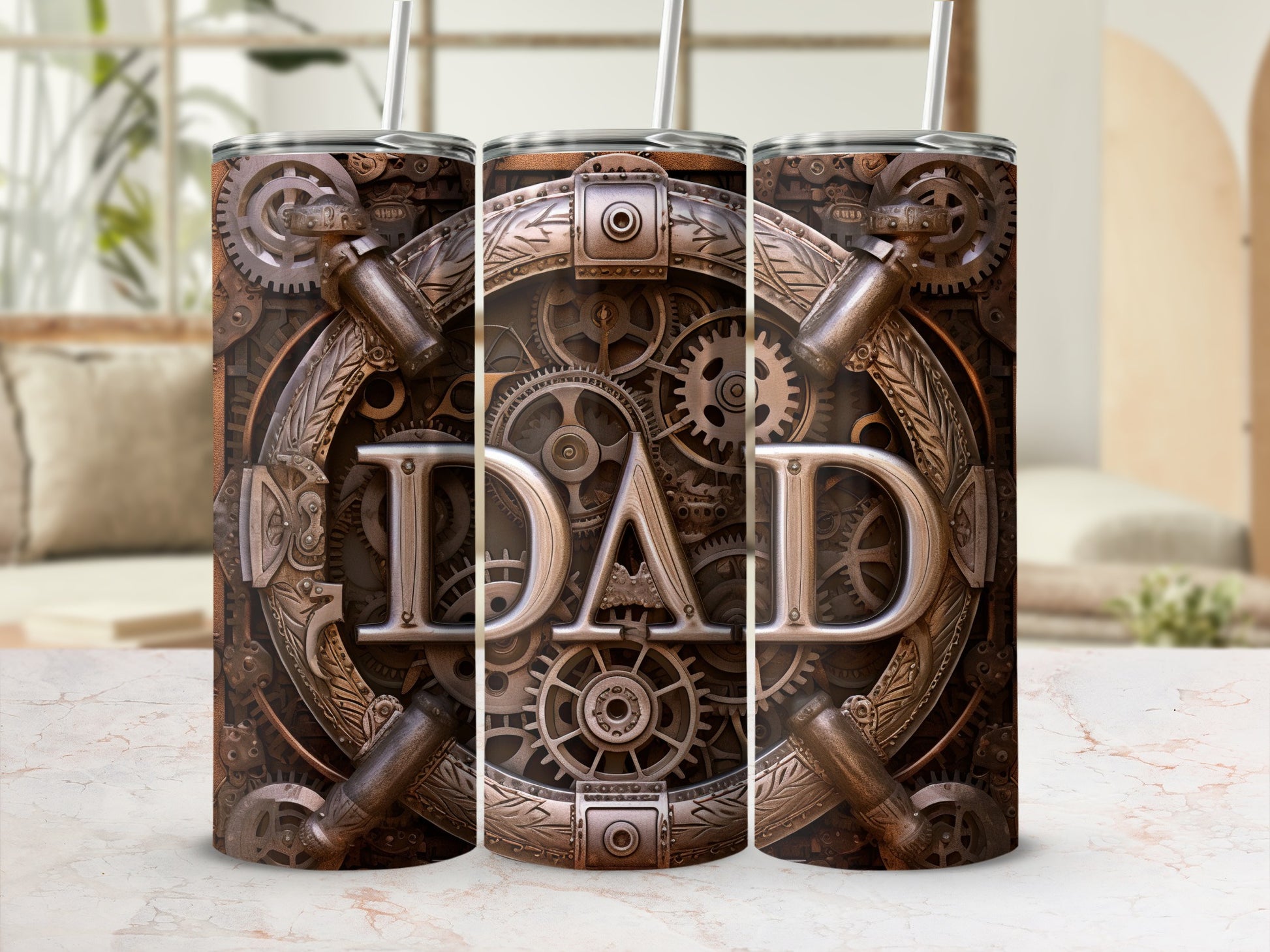 Steampunk tumbler with "DAD" inscribed in gears and metallic details.