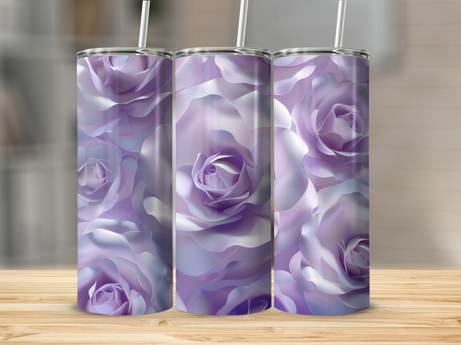 Three tumblers with a seamless pattern of light purple and white roses.