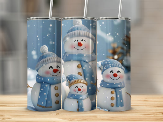 Three snowmen with blue scarves and hats on a snowy background.