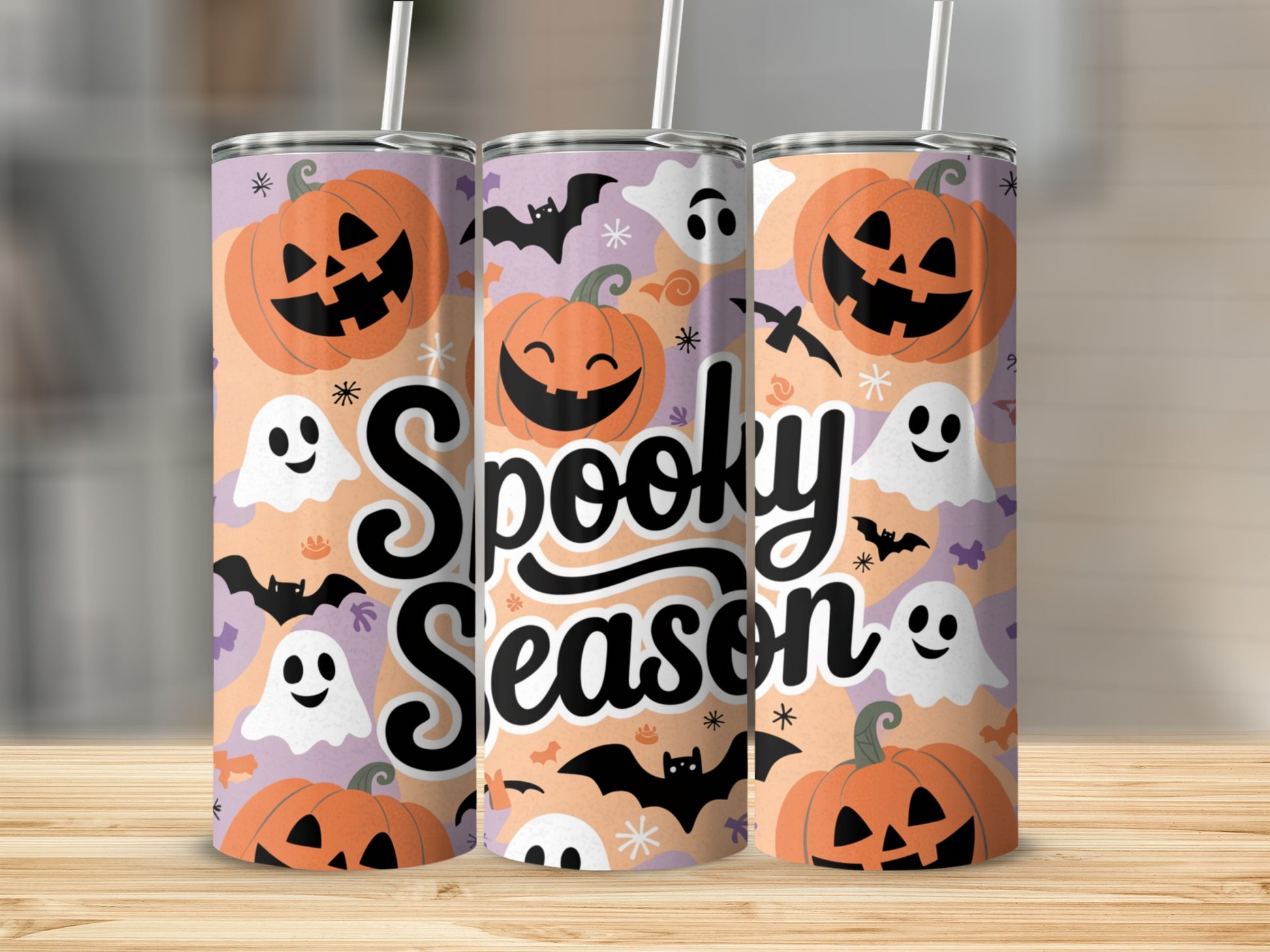 Three tumblers with a Halloween pattern and "Spooky Season" text.