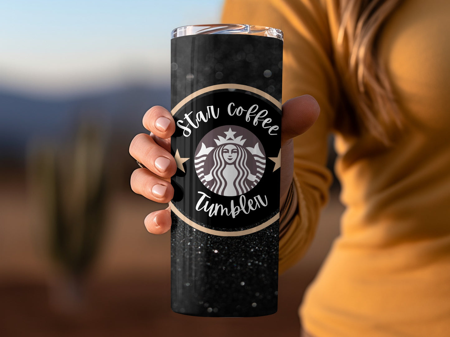Star Coffee Tumbler Black Glitter Design for Beverage