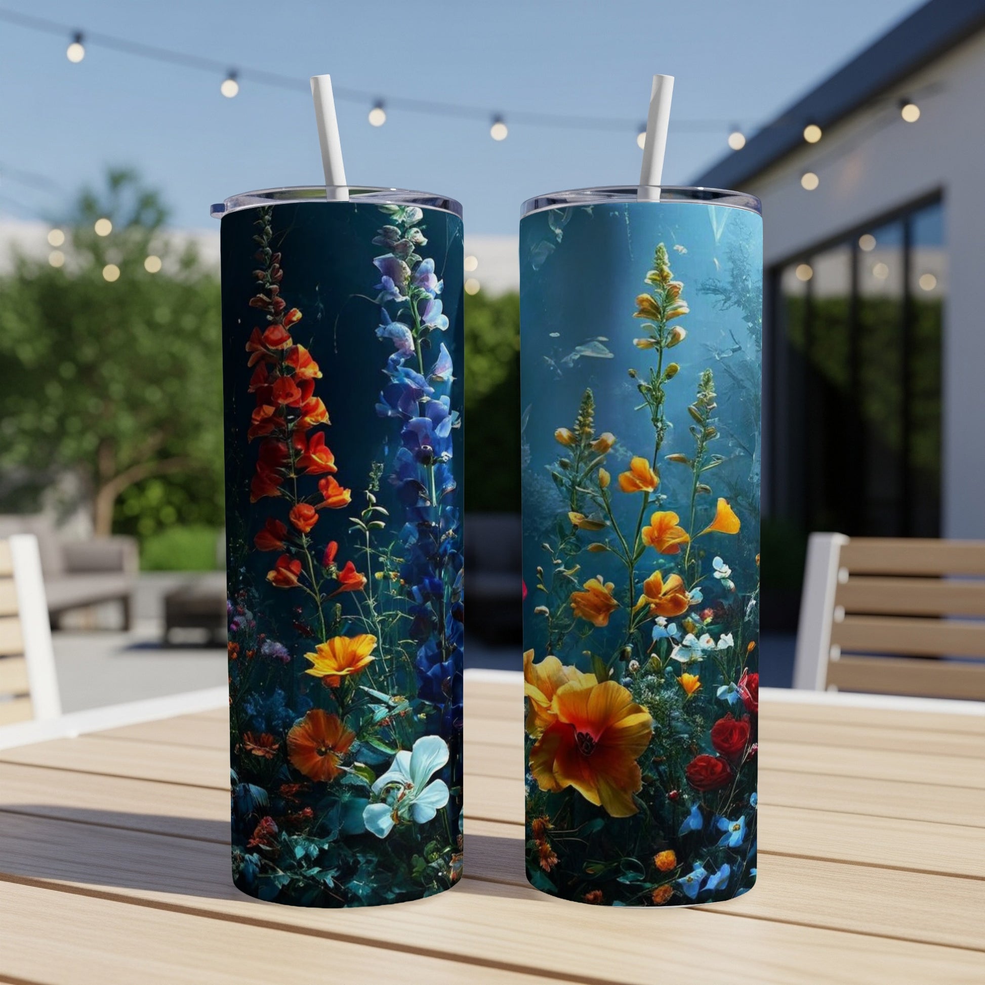 Two tall tumblers with vibrant floral designs, resting on a wooden table outdoors.