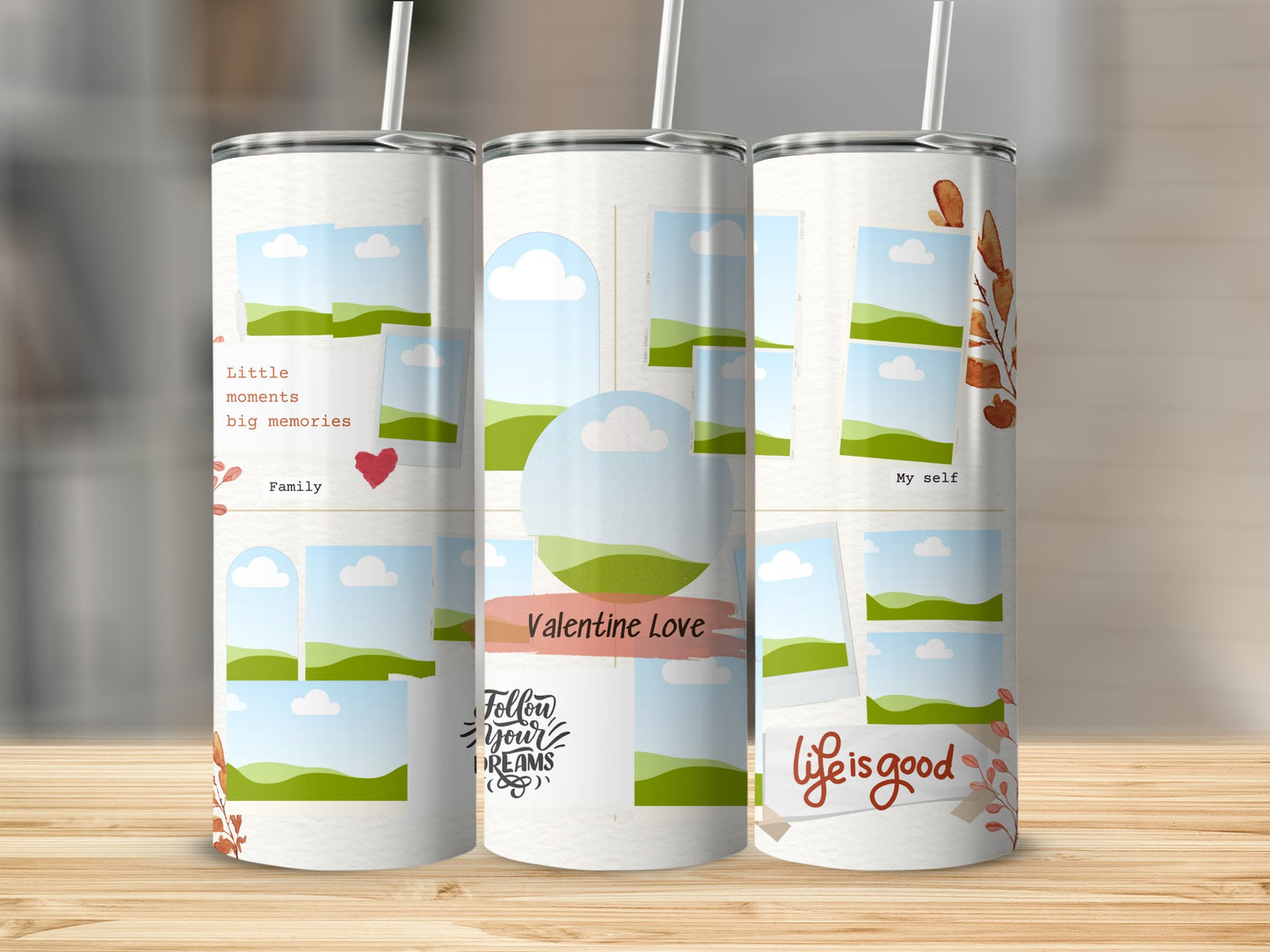 Tumbler with "Valentine Love" text and collage of placeholder photos.