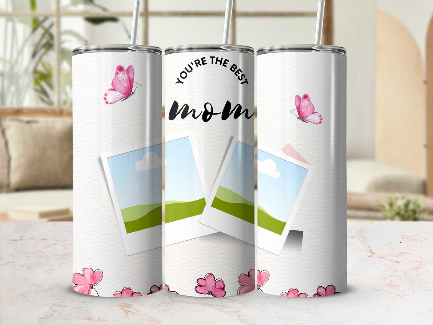 Tumblers with pink butterflies, flowers, and "You're the best mom" text.