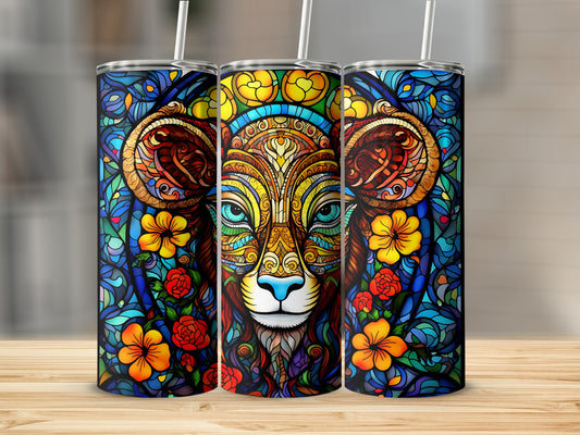 Stained glass Aries zodiac sign tumbler with floral accents.
