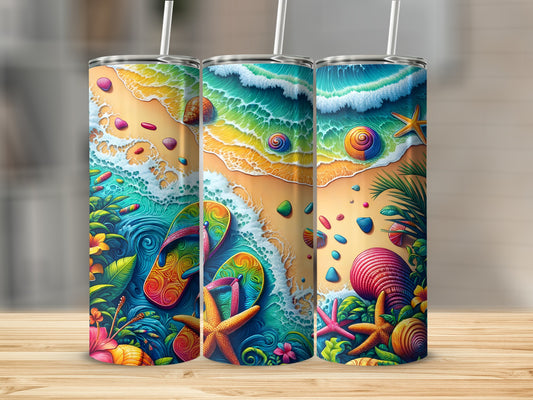 Three tumblers with colorful beach scenes, including waves, shells, and flip-flops.