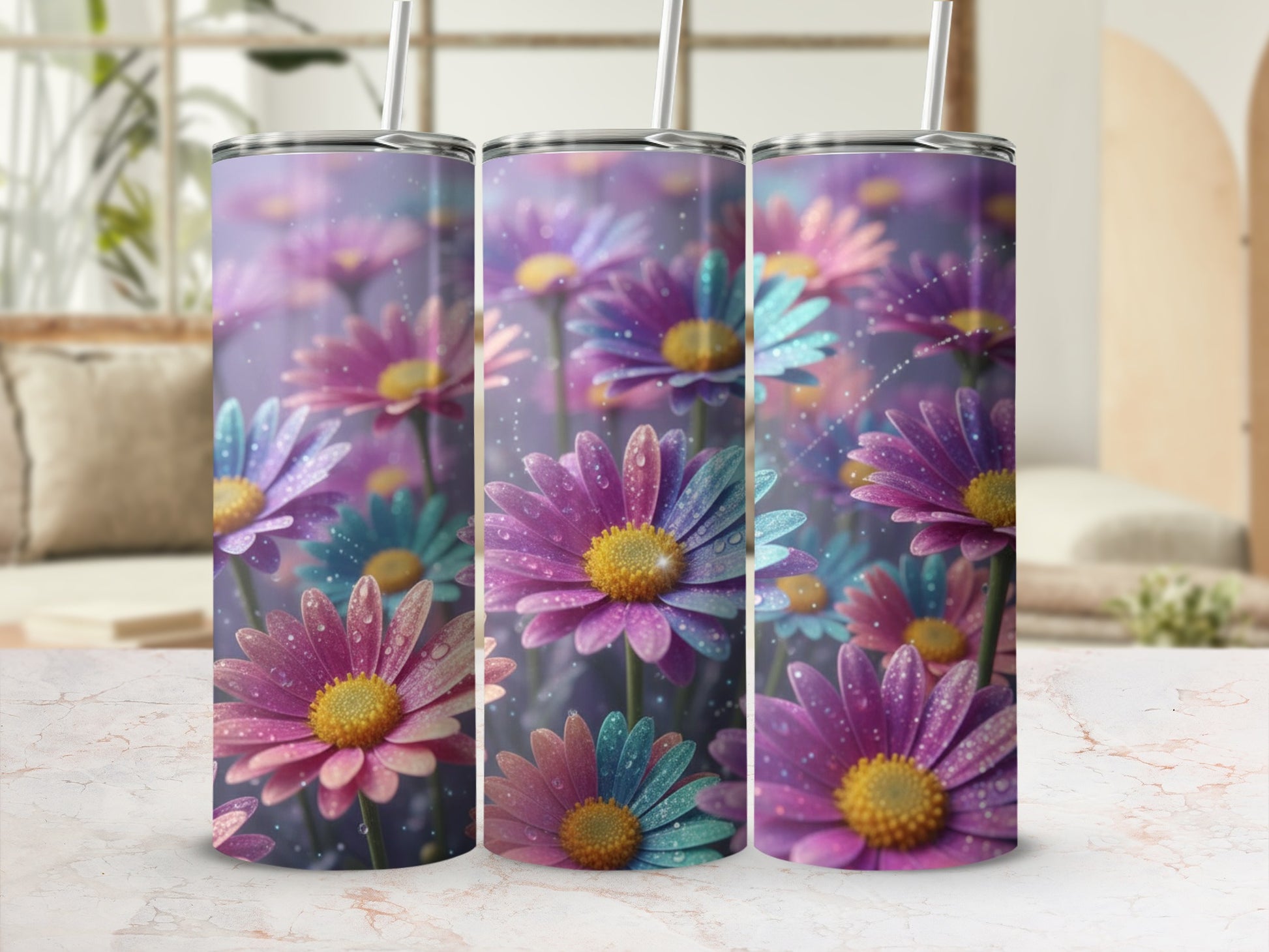 Colorful Daisy Flower Pattern Stainless Steel Tumbler