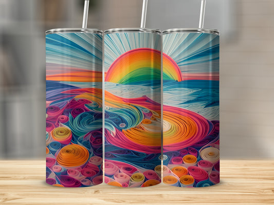 Three tumblers displaying a colorful quilled paper seascape with a rainbow.