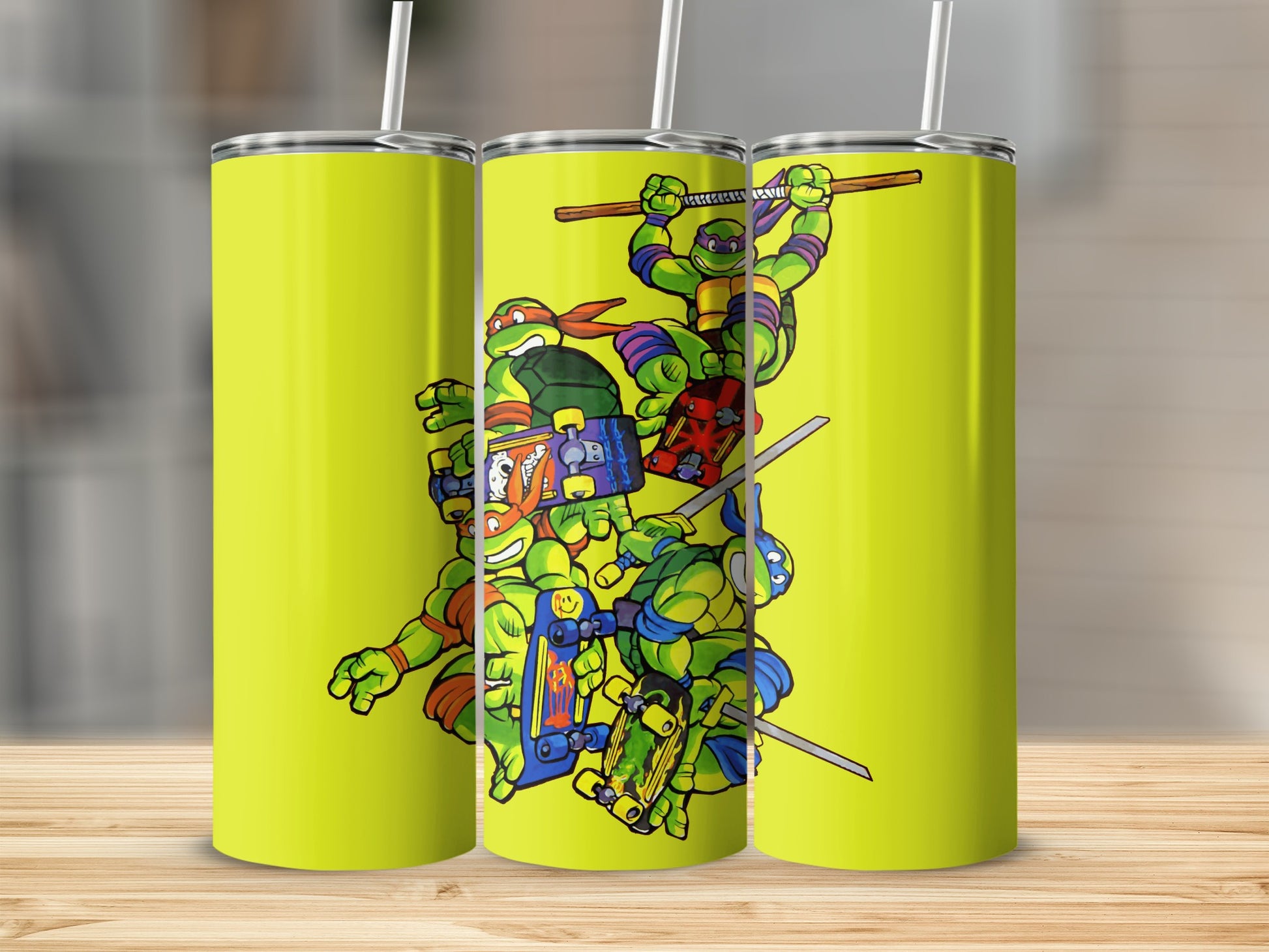 Colorful Ninja Characters on Bright Yellow Tumbler