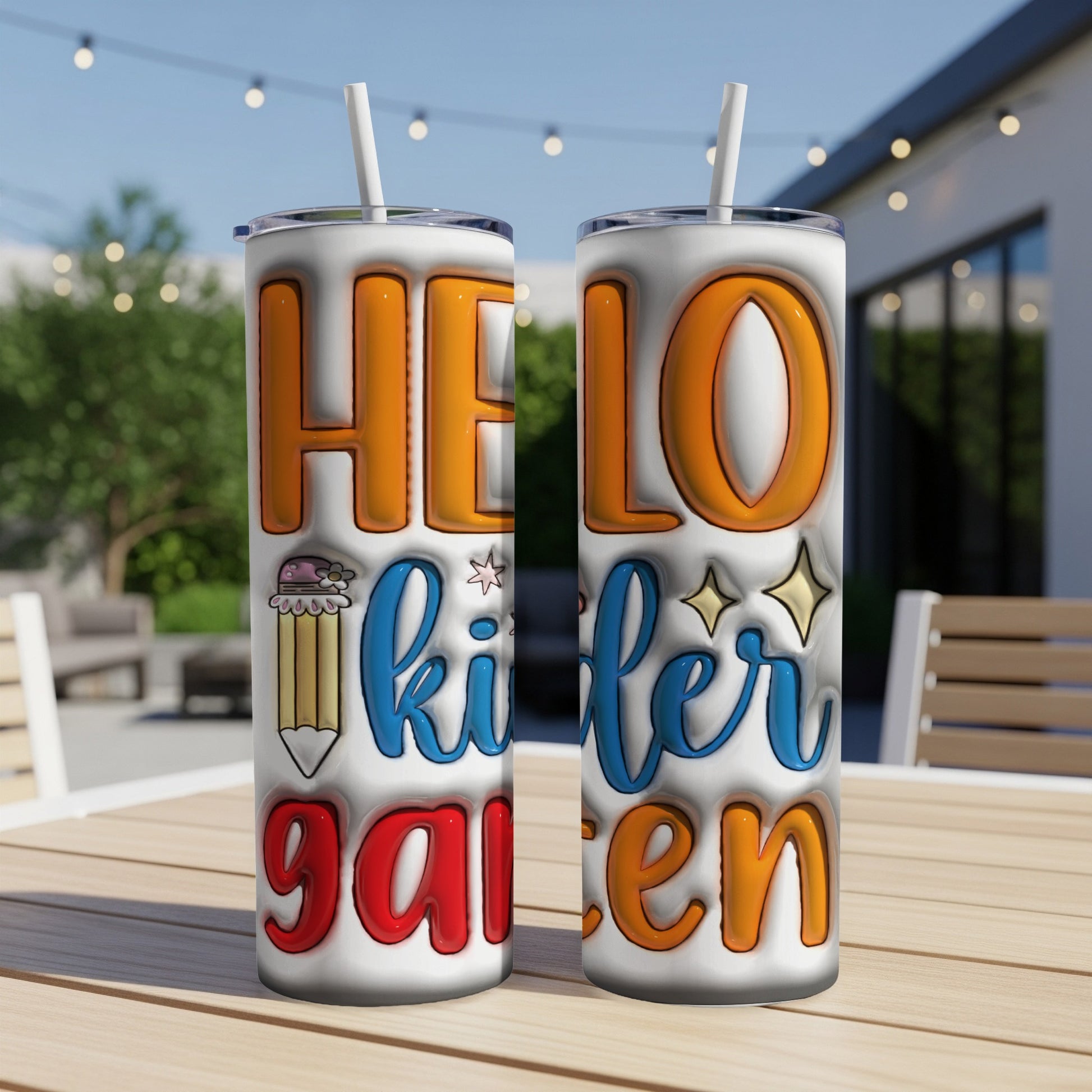 Two tumblers with "Hello Kinder Garden" text and graphics of a pencil and stars.